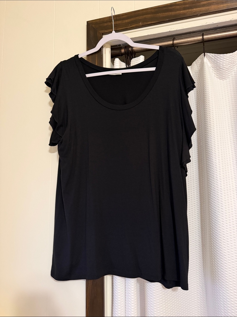 Black Ruffle Sleeve Scoop Neck Women's Top